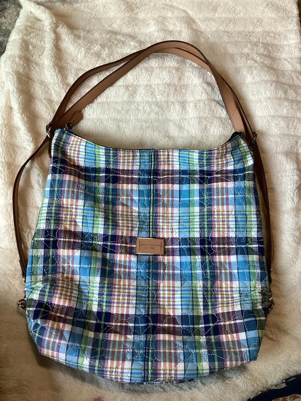 Tommy Hilfiger Plaid Shoulder Hobo Bag in Blue, Green, Brown